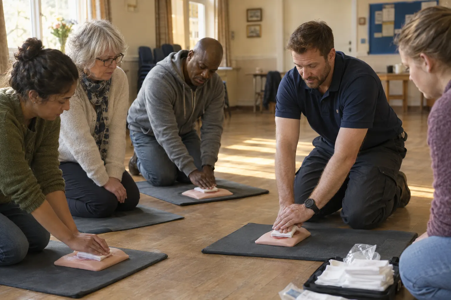 A mixed group of adults kneel on mats in a village hall practising direct pressure while an instructor demonstrates